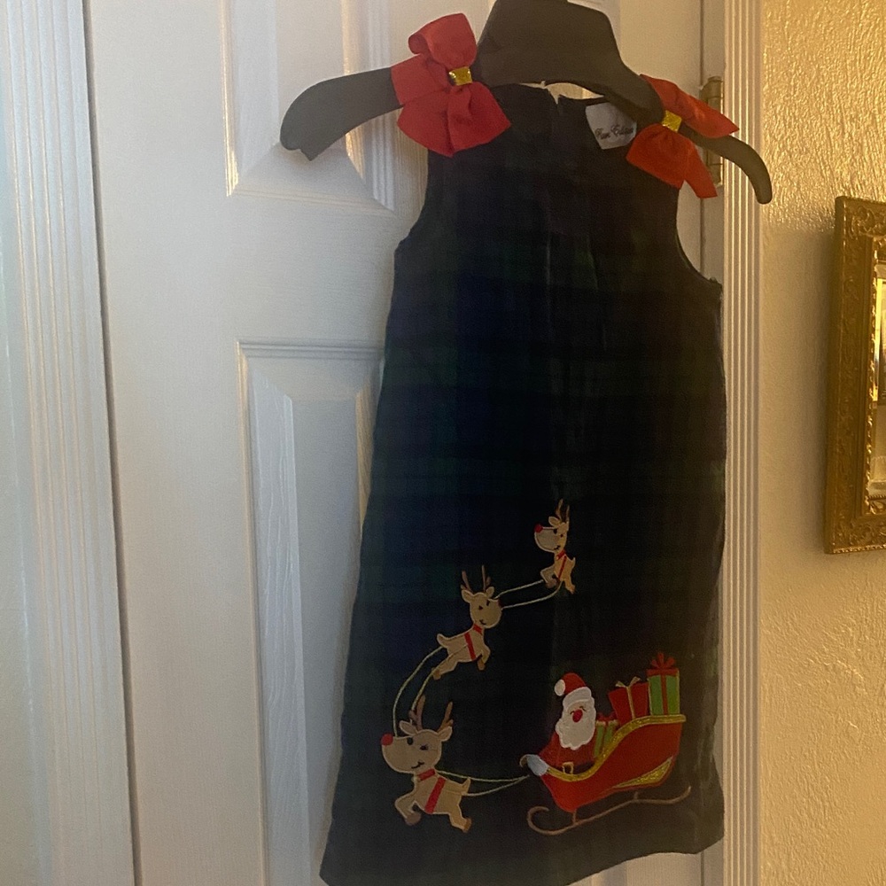 Rare Editions Black Plaid Dress with Santa and Reindeer